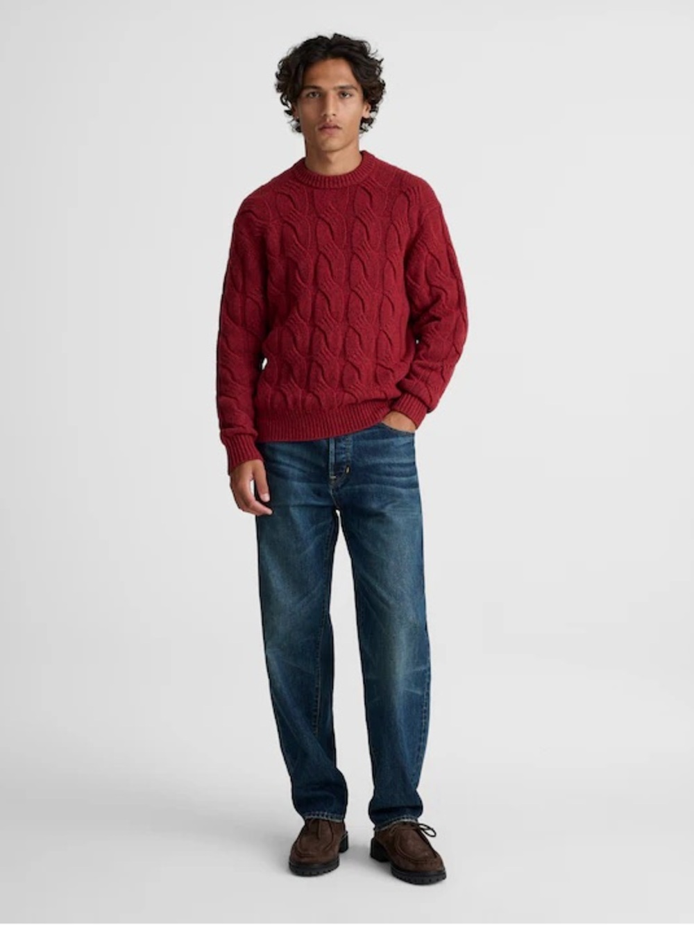 Madewell Cable Knit Crewneck Sweater Mens XL Heather Garnet Red Wool Blend NEW